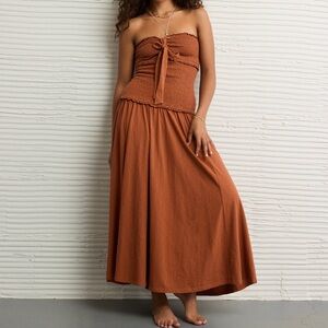 American Eagle Smocked Strapless Drop Waist Dress S Amber Brown